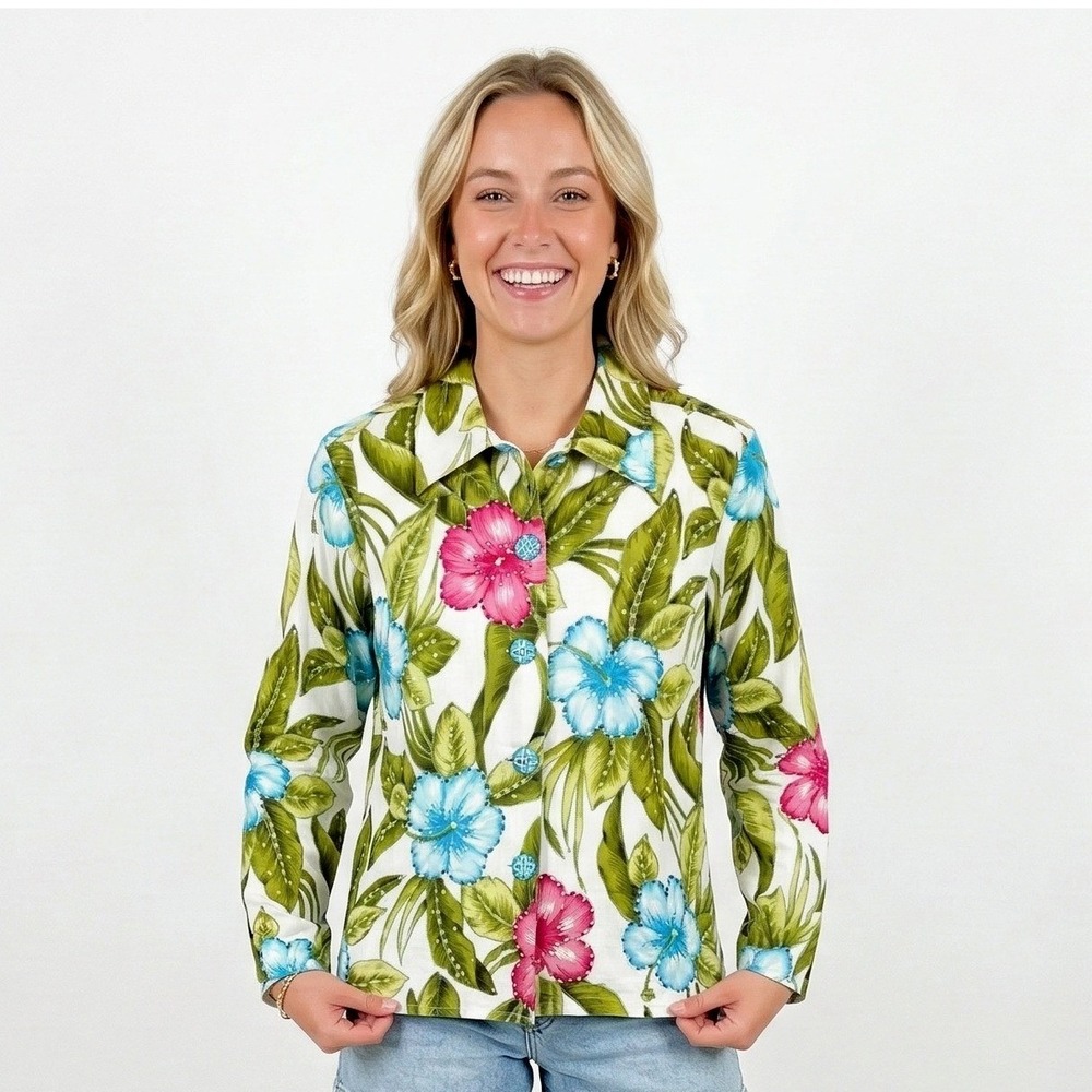 New Direction Women Size Large Linen Floral Hibiscus Botanical Long Sleeve Shirt